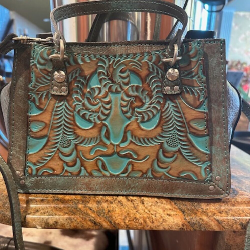 Patricia Nash Corana Excellent Condition Tooled Light Turquoise Leather Bag